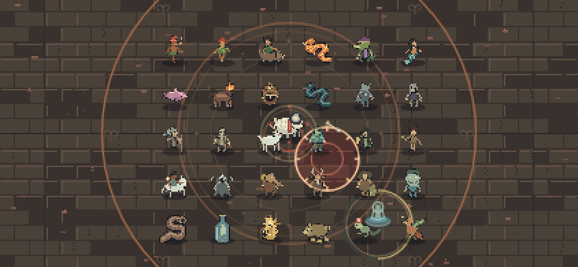 Orbit menu art: zodiac spirits arranged around a glowing astrolabe.